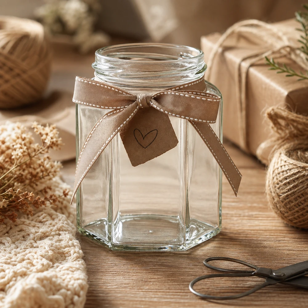 Šestihranná sklenice o objemu 288 ml bez víčka (TO63) UNiTWIST UNiTWIST Hexa288 sechseckiges Einmachglas 288ml mit brauner Schleife und Geschenkanhänger auf Holztisch