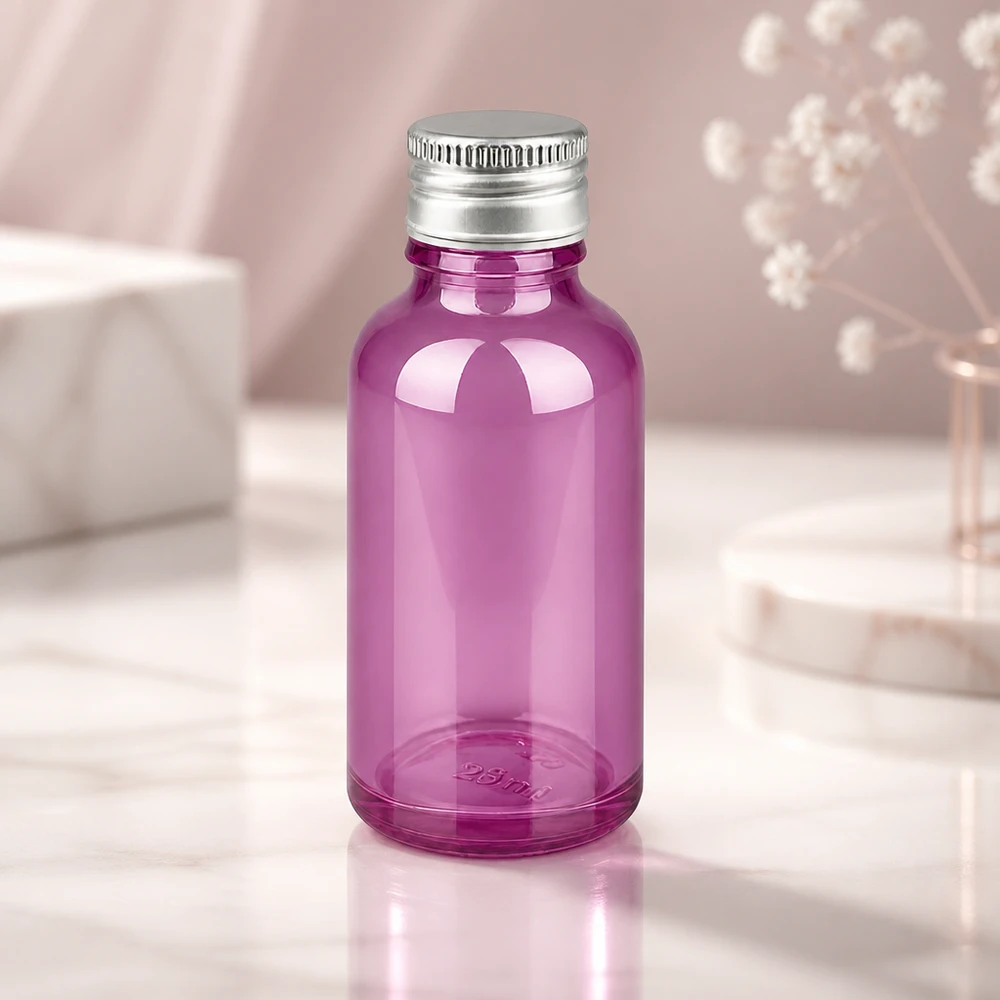 30ml lahvička s 11mm šroubovacím uzávěrem hliníkovo-stříbrná standardní PurpleLine.UT18/30 Handliche 30ml Violettglas-Flasche mit fest verschließbarem Aluminiumgewinde