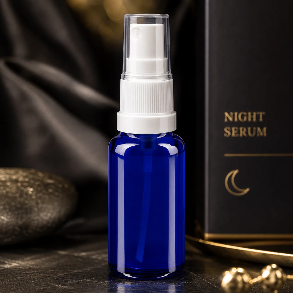 Blaue lichtschutzende 20ml Glassprayflasche mit Pumpzerstäuber für empfindliche Wirkstoffe