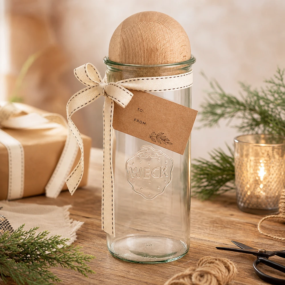 WECK Sturzglas 1500ml RR100 als Geschenkverpackung mit Holzkugel Buche, Geschenkband und Anhänger dekoriert