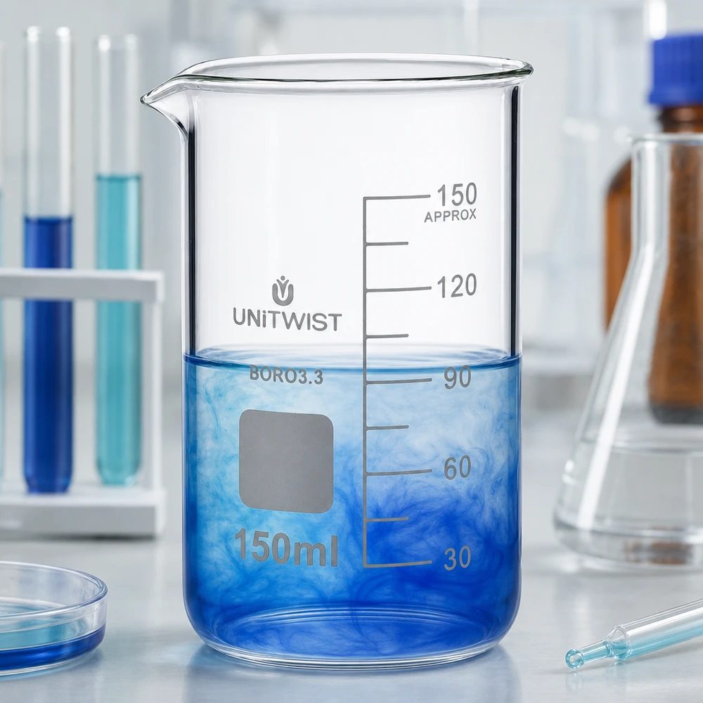 Kádinka 150ml borosilikátová, vysoká forma UNiTWIST UNITWIST Präzisionsbecherglas 150ml hohe Form Borosilikat mit weißem Beschriftungsfeld und Skala