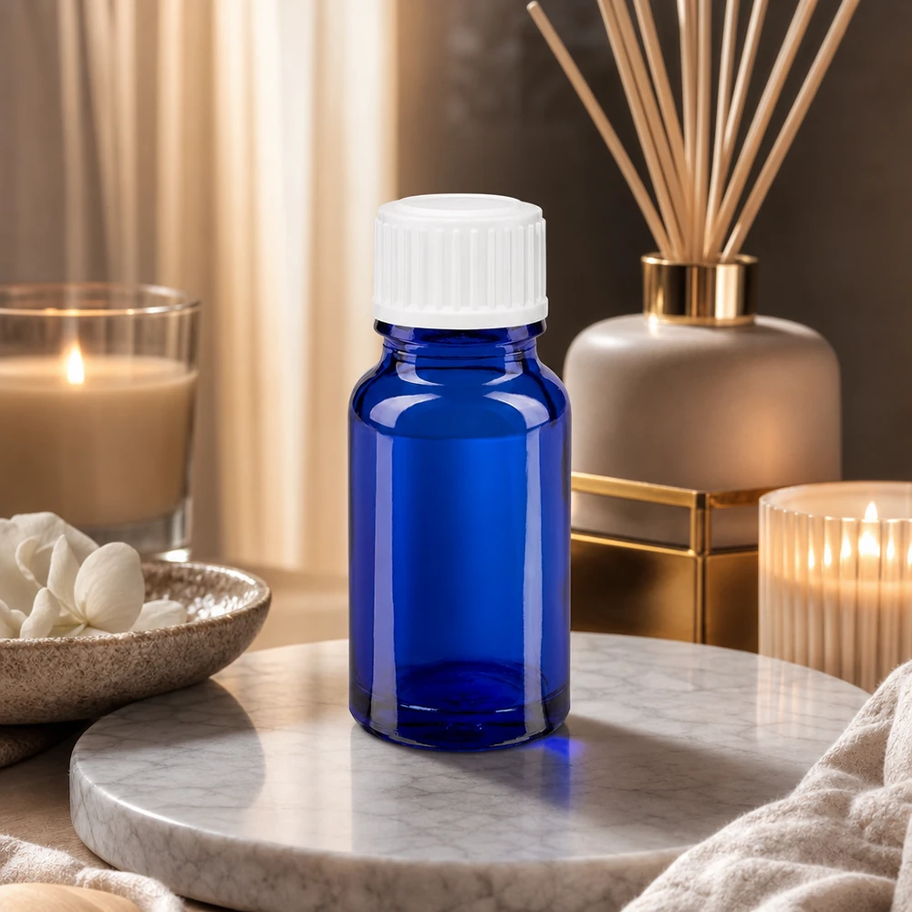 Lékárenská láhev modrá 10ml šroubovací uzávěr bílý standardní Apothekerflasche Kobaltblau 10ml Borosilikatglas mit weißem Schraubverschluss für Kosmetik