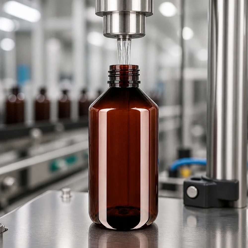 Průmyslová plnicí linka plní hnědou PET láhev o objemu 750 ml s bílým bezpečnostním uzávěrem