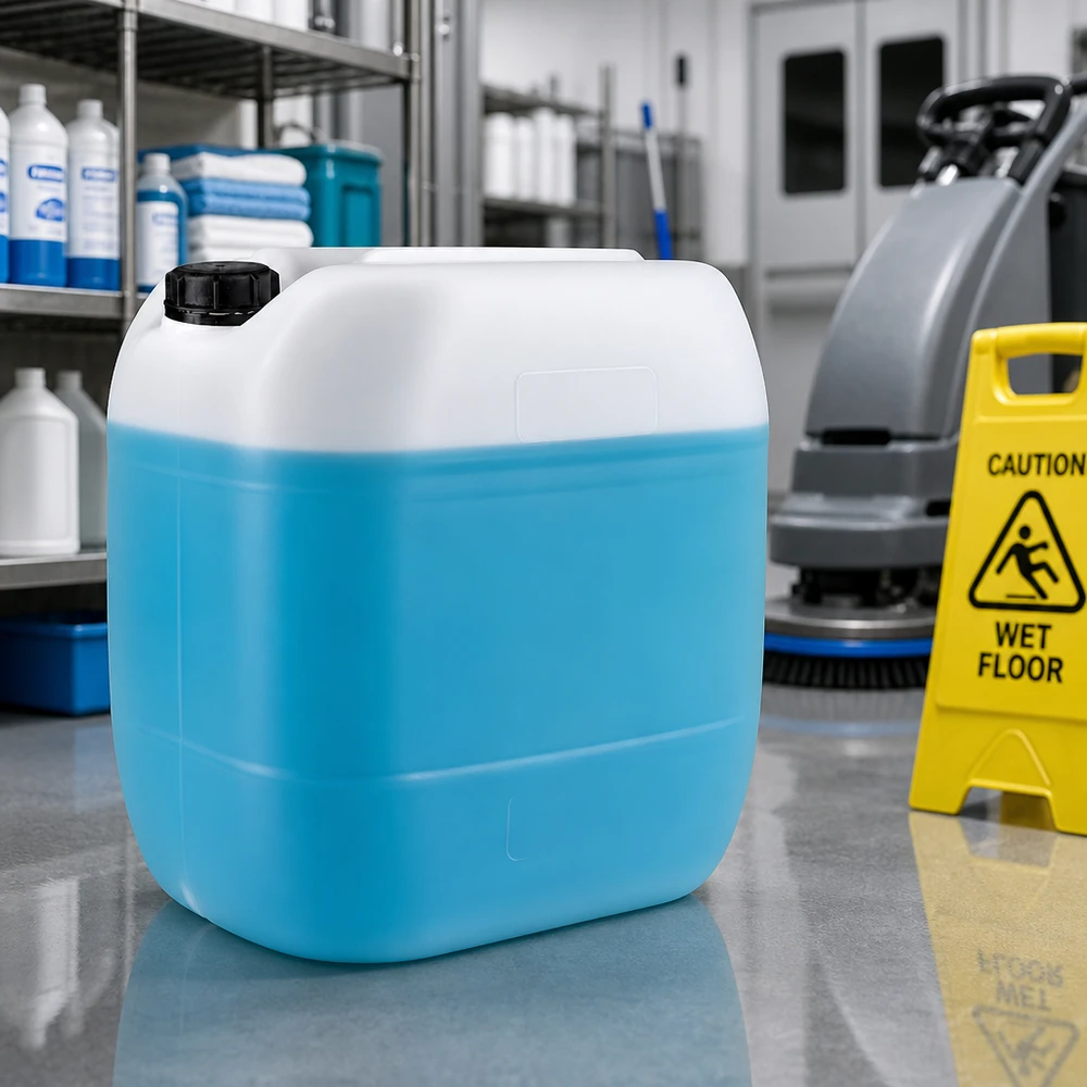 Kanystr 30 litrů se šroubovacím uzávěrem s pojistkou proti manipulaci. Robuster Lagerkanister 30 Liter mit OV-Schraubverschluss auf reflektierendem Industrieboden