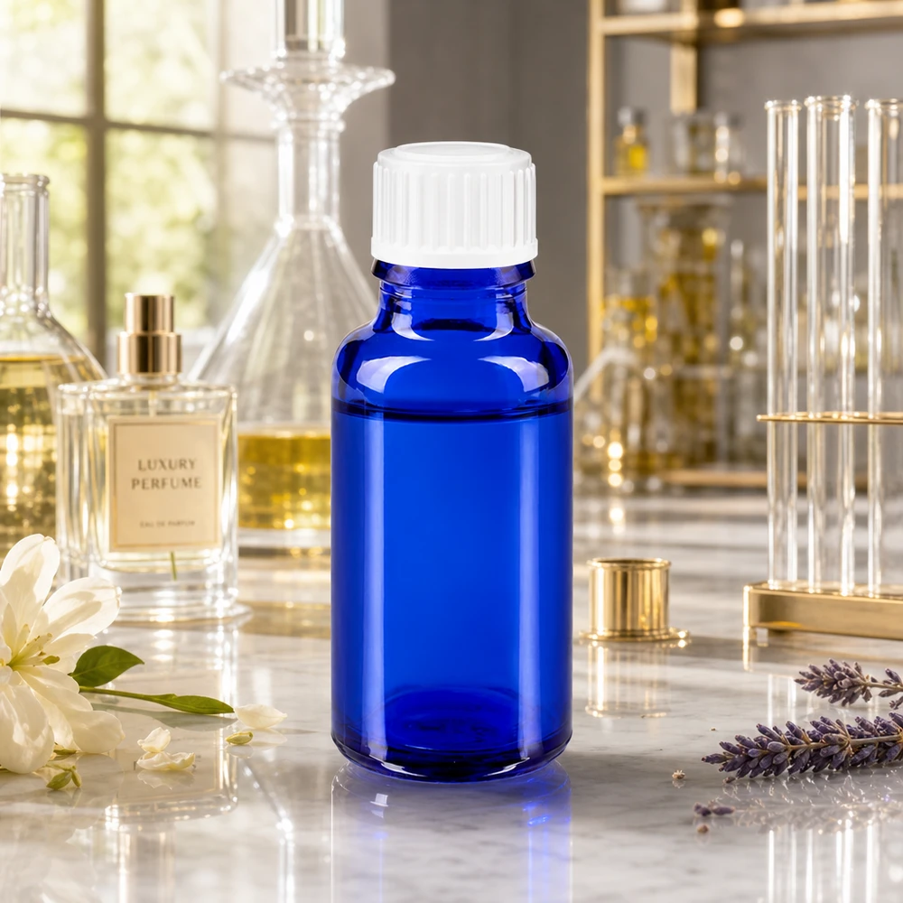 Lékárenská láhev modrá 20ml šroubovací uzávěr bílý standardní Blaue UV-Schutzflasche 20ml Glas mit weißem Standardverschluss neben Luxusparfüm