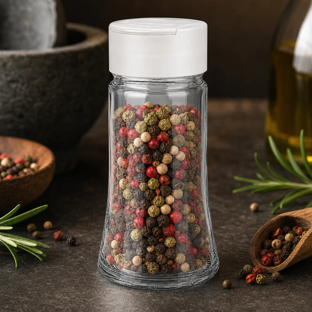Dóza na sůl/koření 95 ml s dvojitým šejkrem bílá Küchenzubehör Gewürzstreuer 95ml Klarglas konische Form weißer Doppelstreuer mit Buntpfefferfüllung