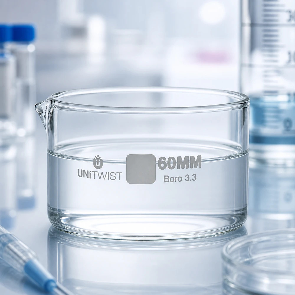 Krystalizační miska ø60 mm z borosilikátového skla UNiTWIST Niedrige Glasschale UNiTWIST 60mm Durchmesser mit Flüssigkeitsfüllung zwischen Laborgeräten