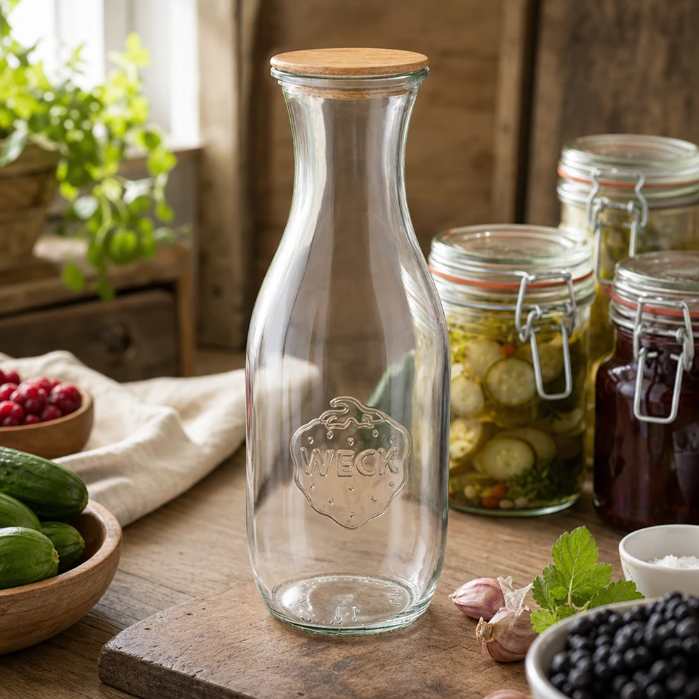 WECK 1062ml Saftflasche mit Holzdeckel in rustikaler Küche mit Einmachgläsern Gemüse und natürlicher Dekoration