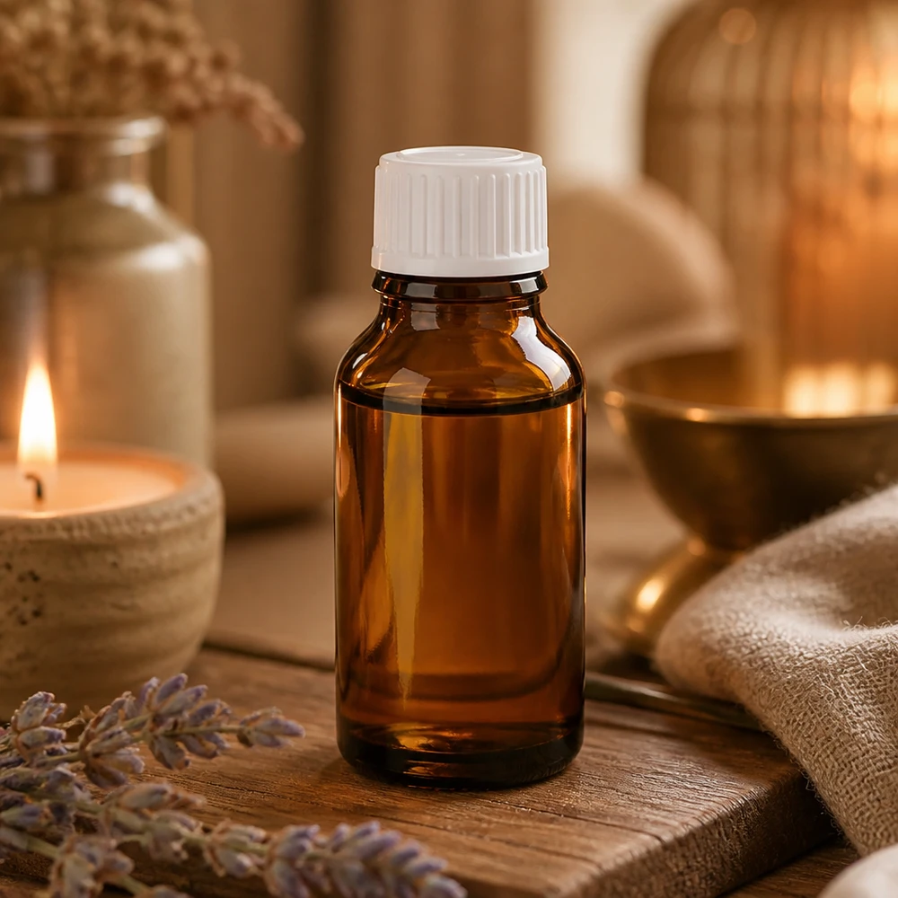 Lékárenská láhev hnědá 30ml šroubovací uzávěr bílá standardní Kompakte Braunglasflasche 30ml Standard für ätherische Öle in Wellnessumgebung