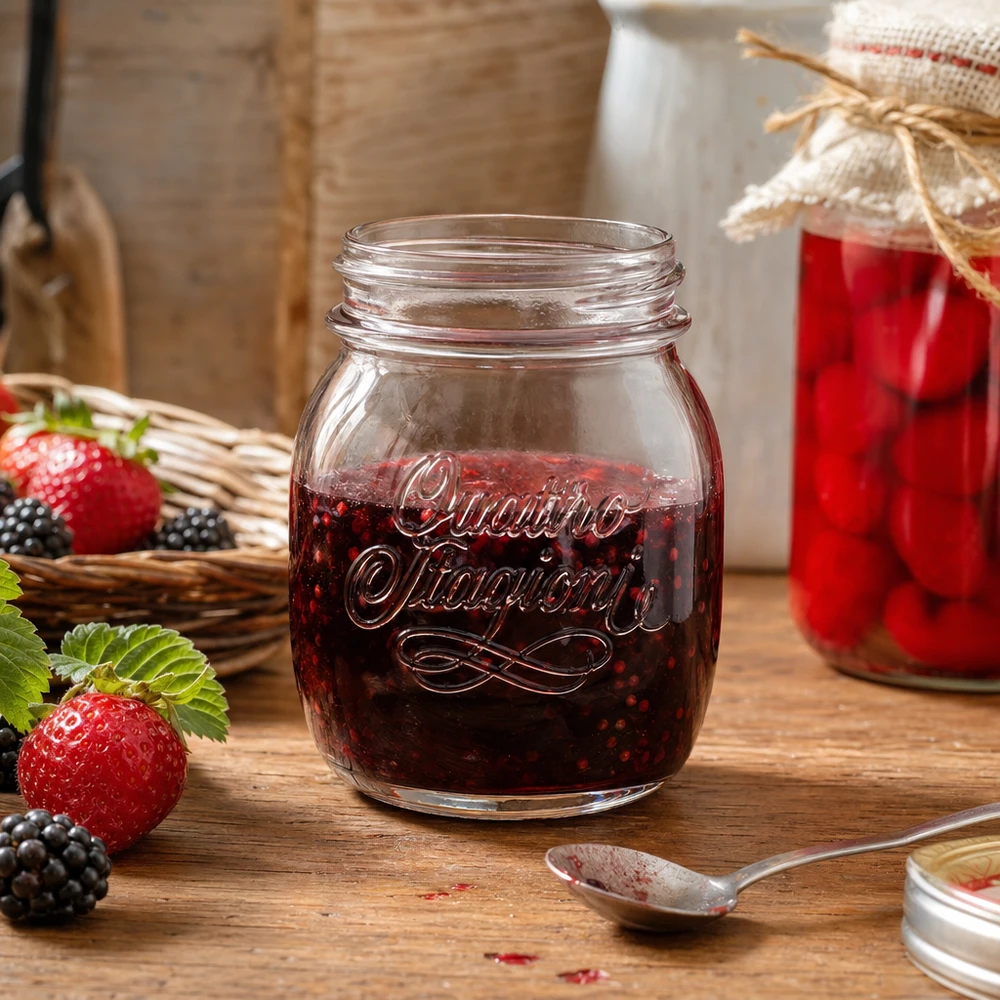 700ml kulatá zavařovací sklenice "Quattro Stagioni" QS86mm 700ml Quattro Stagioni Haushaltsglas mit Beerenkonfitüre gefüllt auf Holztisch mit frischen Erdbeeren und Brombeeren