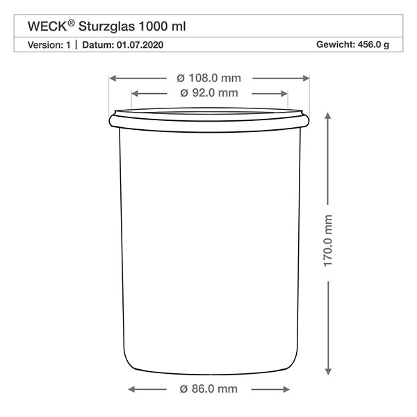 1000ml tumblery WECK RR100 s dřevěnou kuličkou buk Technische Zeichnung WECK Sturzglas 1000ml RR100 mit Maßangaben, Durchmesser 108mm, Höhe 170mm, Gewicht 456g