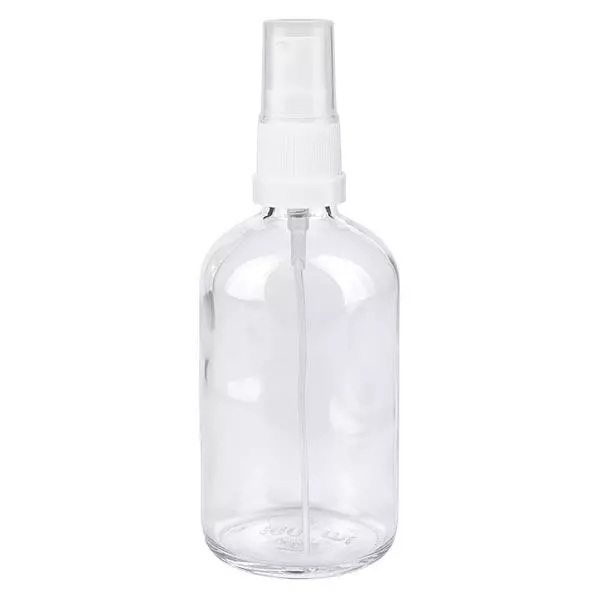 Lékárenská lahvička čirá 100ml s rozprašovacím uzávěrem bílá Lékárenská lahvička čirá 100ml s rozprašovacím uzávěrem bílá