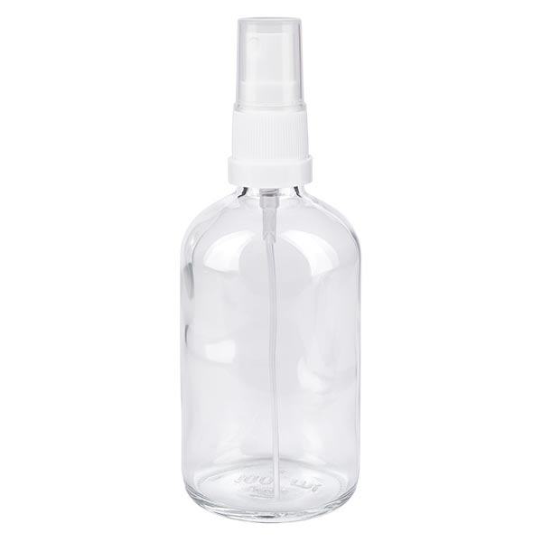 Lékárenská lahvička čirá 100ml s rozprašovacím uzávěrem bílá Lékárenská lahvička čirá 100ml s rozprašovacím uzávěrem bílá