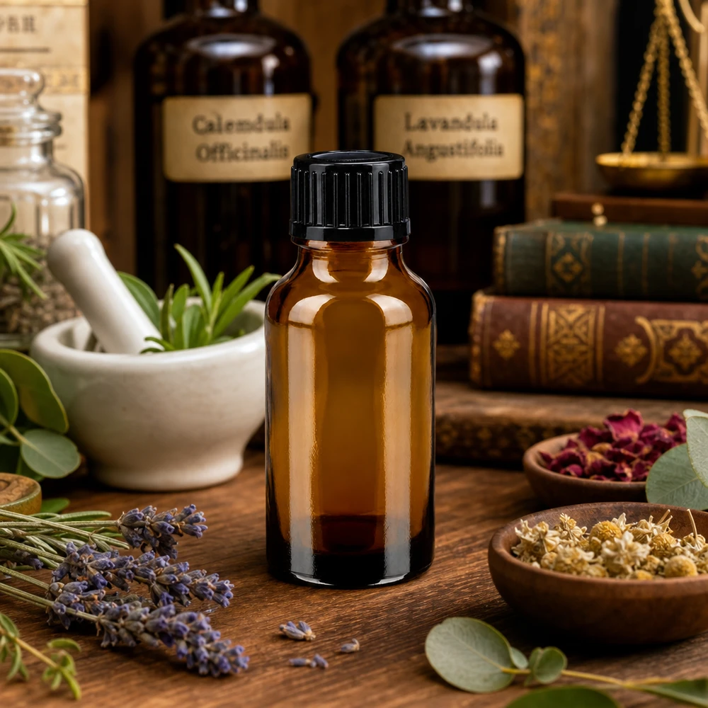 Klassische Apoflasche braun 20ml mit Mörser Pestle und Heilkräutern für ätherische Öle