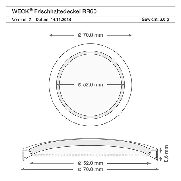 140ml zavařovací sklenice s víčkem pro uchování čerstvosti WECK RR60 Technische Zeichnung WECK Frischedeckel RR60 mit Maßangaben 70mm Außendurchmesser 52mm Innendurchmesser 8,6mm Höhe