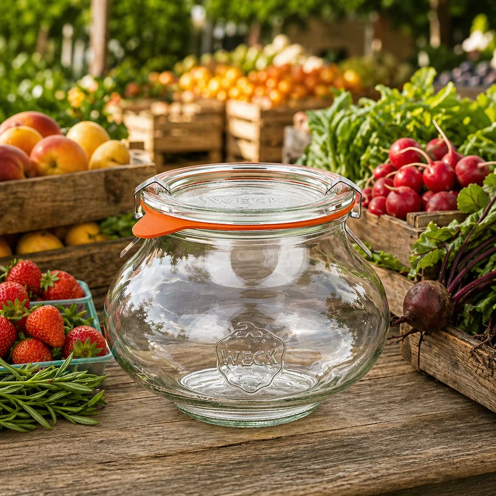 WECK Schmuckglas 560ml RR80 auf Holztisch zwischen frischem Obst und Gemüse, natürliche Marktszene mit Einmachglas