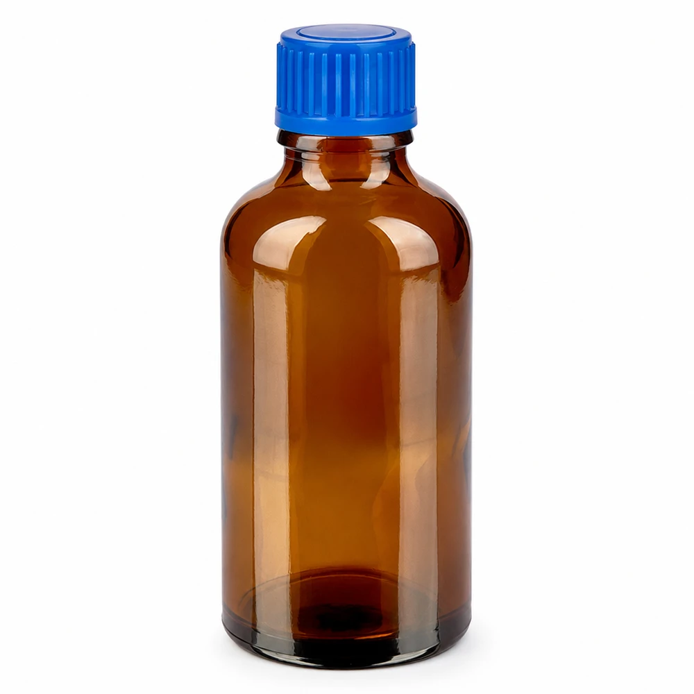 50ml láhev 11mm šroubovací uzávěr modrá Standard BrownLine UT18/50 Hochwertige 50ml Glasflasche in Braun mit blauem Deckel für Labor und Apotheke