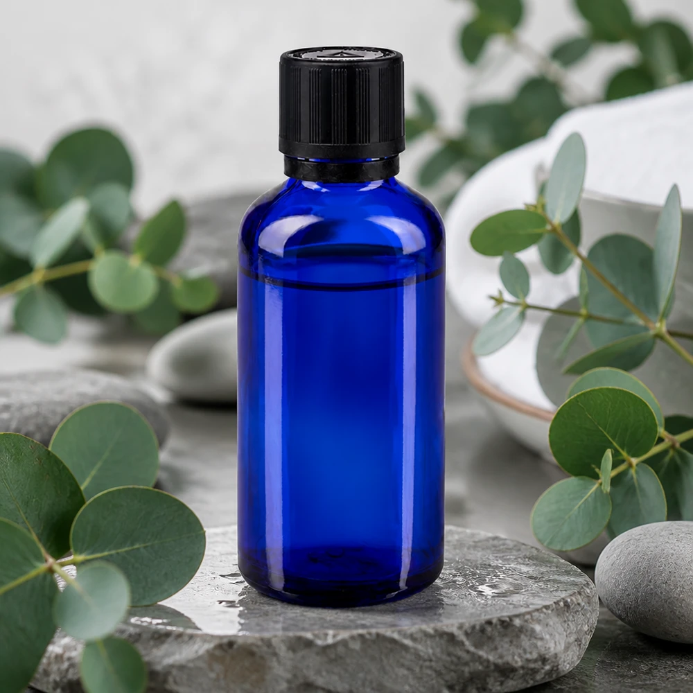Lékárenská láhev modrá 50ml kapátko uzávěr nalévací kroužek 1mm černý dětský bezpečnostní zámek výstražný symbol tamper evident uzávěr. Kleines blaues 50ml Dropper-Fläschchen aus UV-Schutzglas mit schwarzem KiSi-Verschluss Nahaufnahme