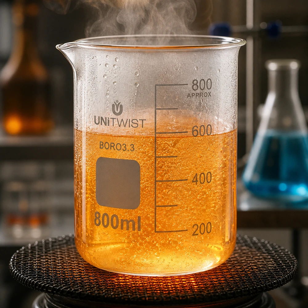 UNiTWIST Laborbecherglas 800ml mit oranger siedender Flüssigkeit und Skalierung bis 800ml