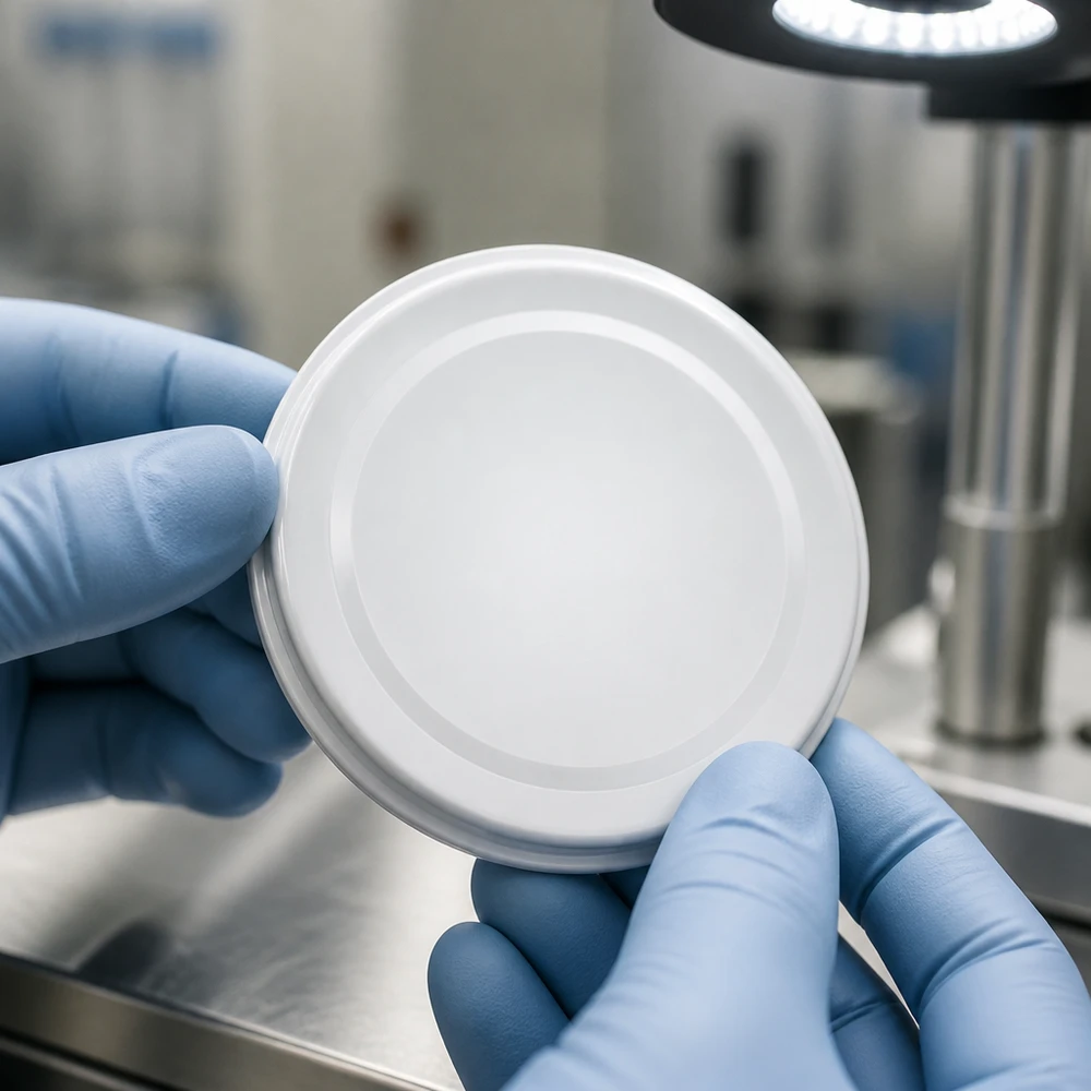 66 mm víčko BasicSeal, bílé, TO66deep, UNiTWIST, laboratorní kontrola s modrými ochrannými rukavicemi