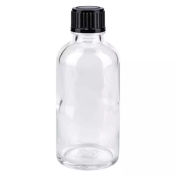 Lékárenská láhev čirá 50ml kapací uzávěr 1mm černý standardní