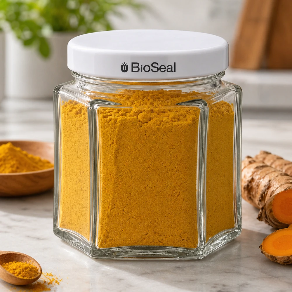 Šestihranná sklenice o objemu 47 ml s bílým víčkem BioSeal UNiTWIST.