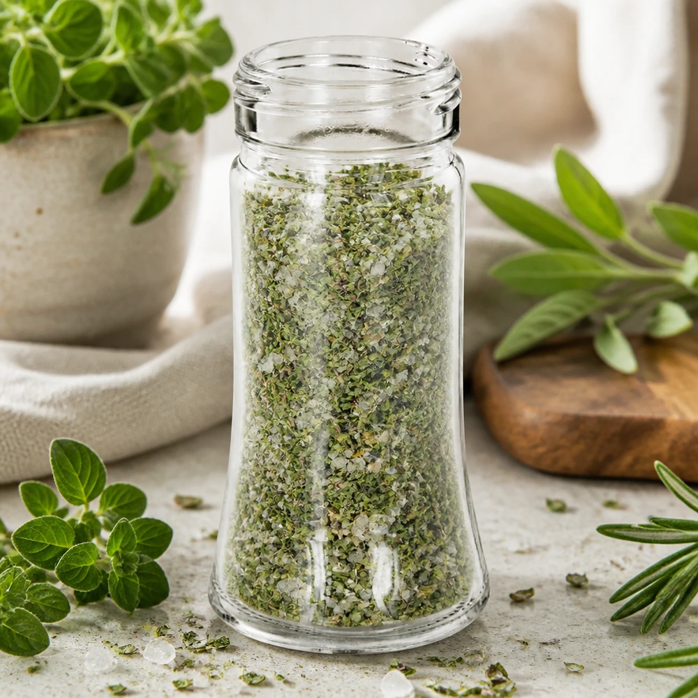 Dóza na sůl/koření Bobby 95ml, závit 41mm čiré sklo. Bauchiges Salz- und Gewürzglas Bobby 95ml mit Kräutersalz und frischen Küchenkräutern