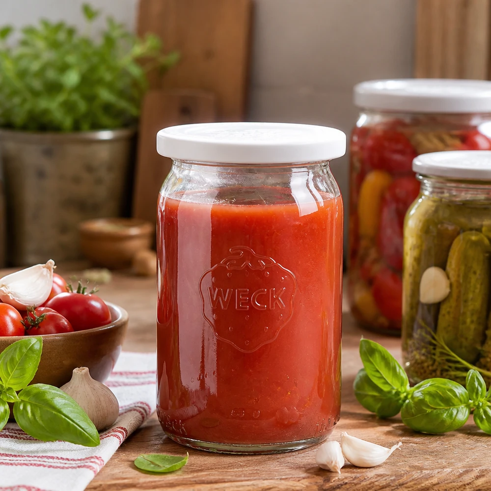 Válcová sklenice o objemu 145 ml s víčkem pro zajištění čerstvosti. WECK RR40 WECK RR40 Einmachglas 145ml gefüllt mit roter Tomatensoße in rustikaler Küche mit frischen Kräutern und Gemüse