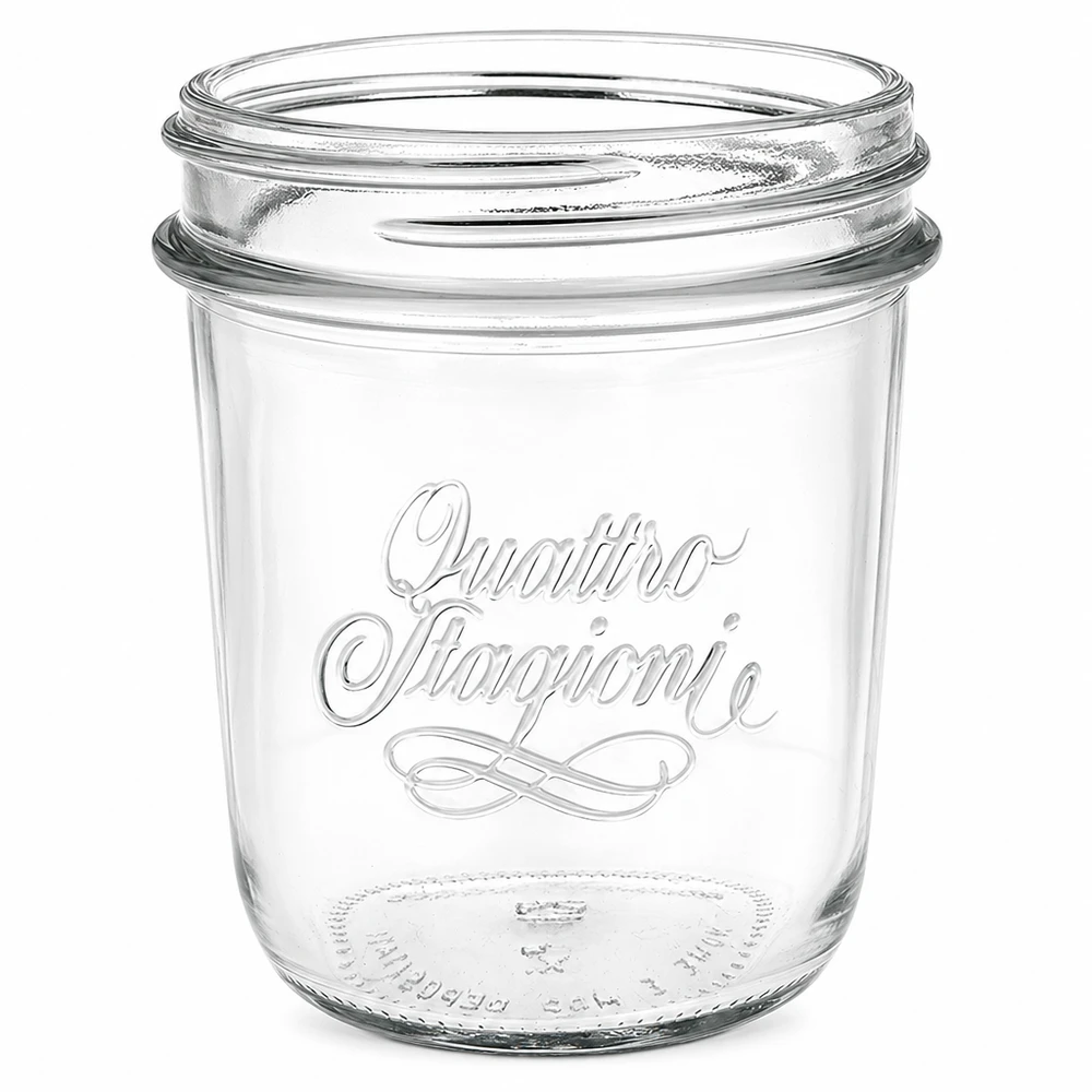 Nádobky o objemu 320 ml "Quattro Stagioni" QS86mm Leeres 320ml Quattro Stagioni Sturzglas mit QS86mm Gewinde und elegantem Schriftzug für Einmachen und Konservieren