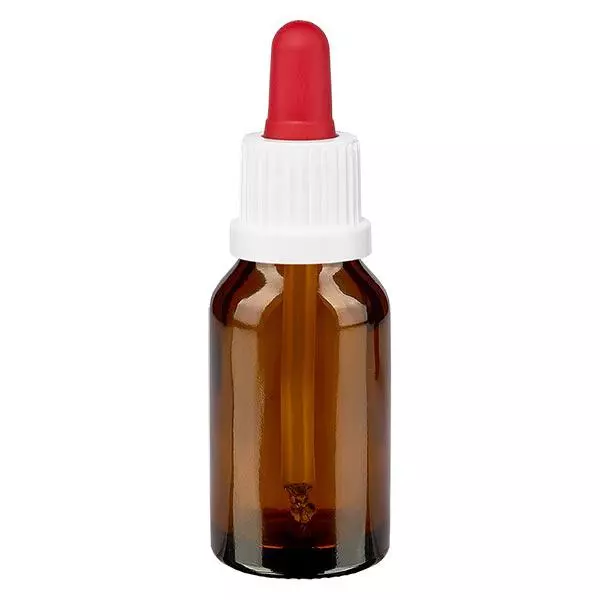 Lékárenská láhev hnědá 30ml s pipetou, bílý/červený uzávěr s pojistkou proti manipulaci.