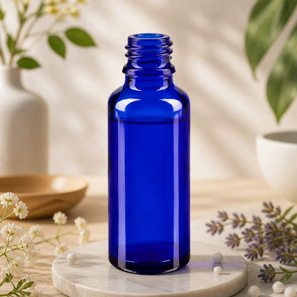 Lahvička s kapátkem 30ml DIN 18 BLAUGLAS Kleine blaue Glasflasche ApoGlas 30ml mit UV-Schutz für Laboratorien und Apotheken