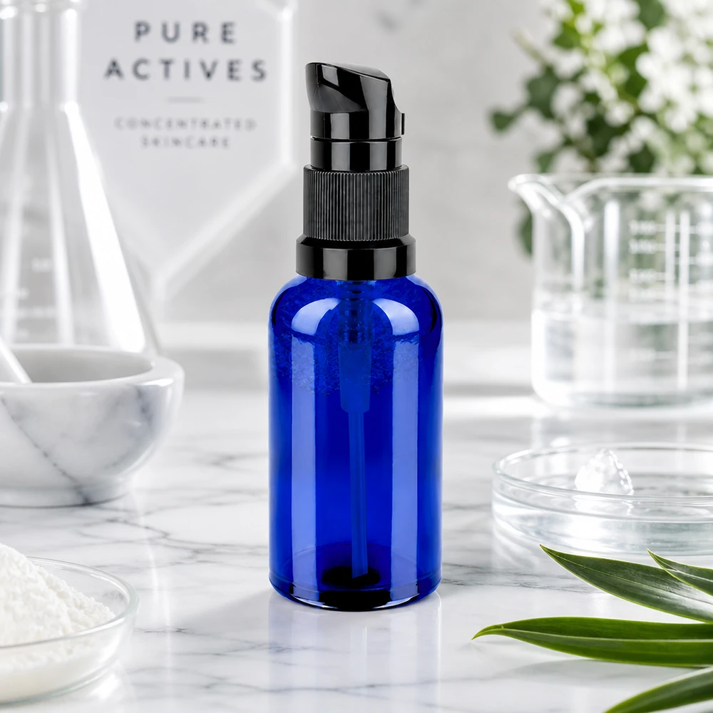 50ml láhev s pumpičkou černá standardní uzávěr BlueLine UT18/50 Moderne Glasflasche 50ml in Kobaltblau mit schwarzem Applikator für Beauty-Routine STD BlueLine UT18/50