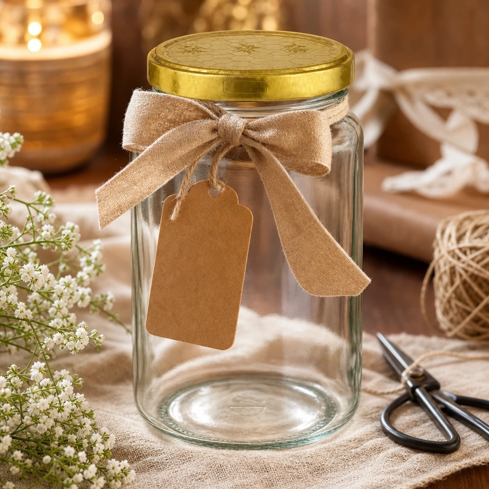 795ml kulatá sklenice + víčko BasicSeal honeycomb UNiTWIST. 795ml Rundglas mit goldenem Bienenwaben-Deckel als Geschenkverpackung mit Schleife und Anhänger dekoriert