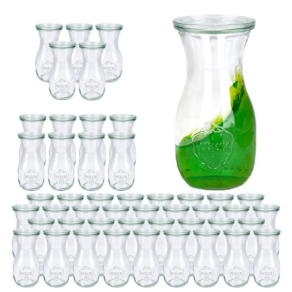 Sada 48 sklenic Weck 290ml na džus se 48 skleněnými víčky.