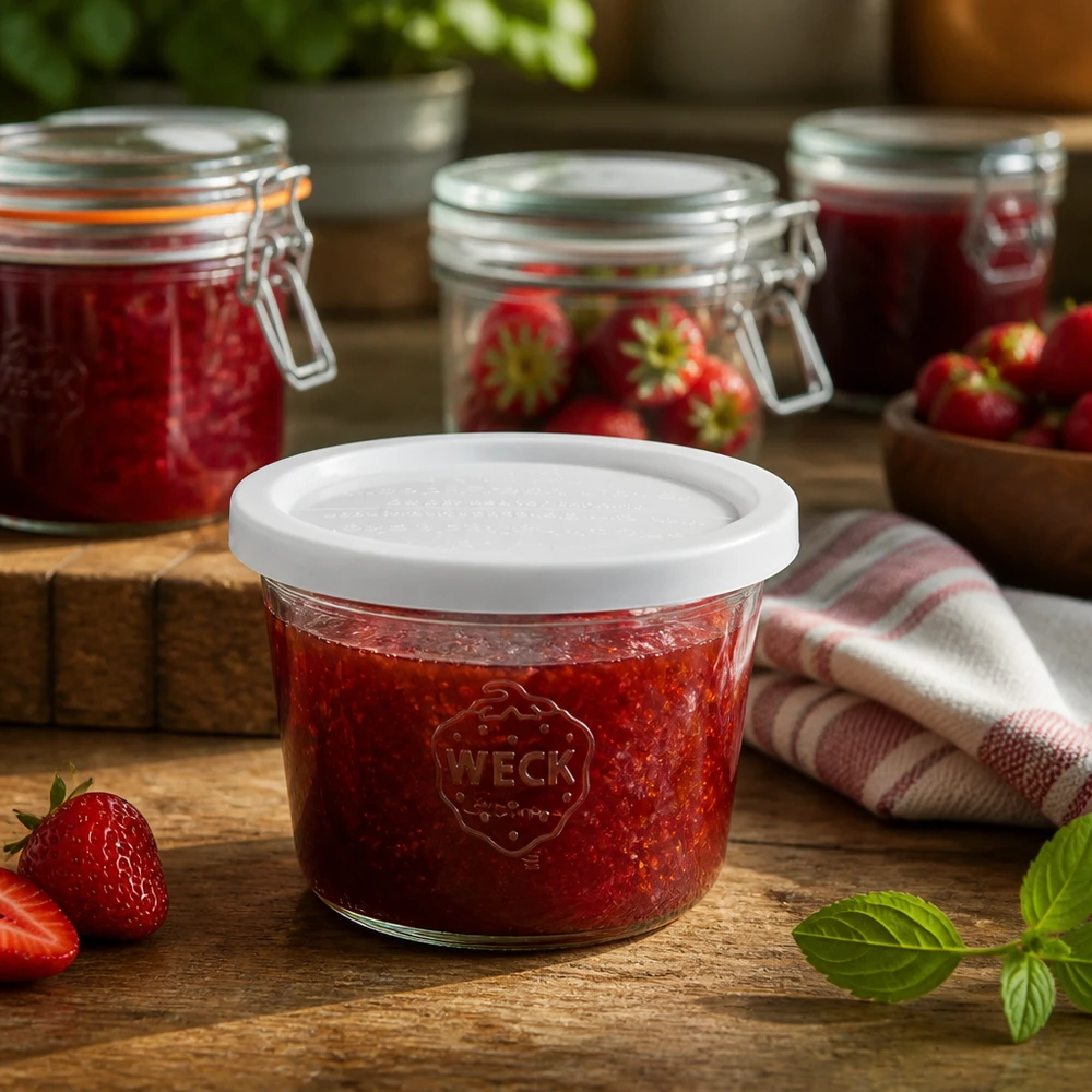 Zavařovací sklenice 370ml se skleněným víčkem WECK RR100 pro zachování čerstvosti. WECK Sturzglas 370ml RR100 mit Erdbeermarmelade befüllt in rustikaler Küche neben frischen Erdbeeren und Einmachgläsern