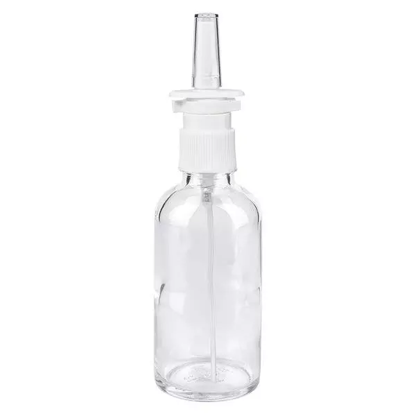 Lékárenská lahvička čirá 50ml nosní sprej bílá standardní Lékárenská lahvička čirá 50ml nosní sprej bílá standardní