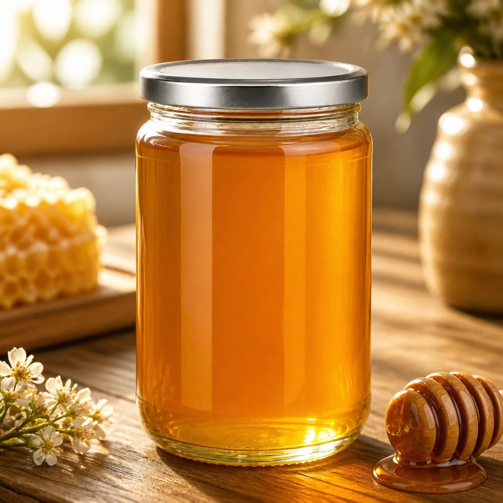 305ml kulatá skleněná nádoba s víčkem BasicSeal stříbrná UNiTWIST. 305ml Rundglas mit Honig gefüllt und silber BasicSeal Deckel neben Honiglöffel und Bienenwaben auf Holztisch