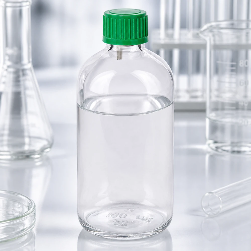 100ml lahvička s kapátkem 0,8 mm zelená standardní uzávěr ClearLine UT18/100 Seitliche Ansicht 100ml ClearLine Glasflasche mit grünem Tropfverschluss auf weißer Laboroberfläche