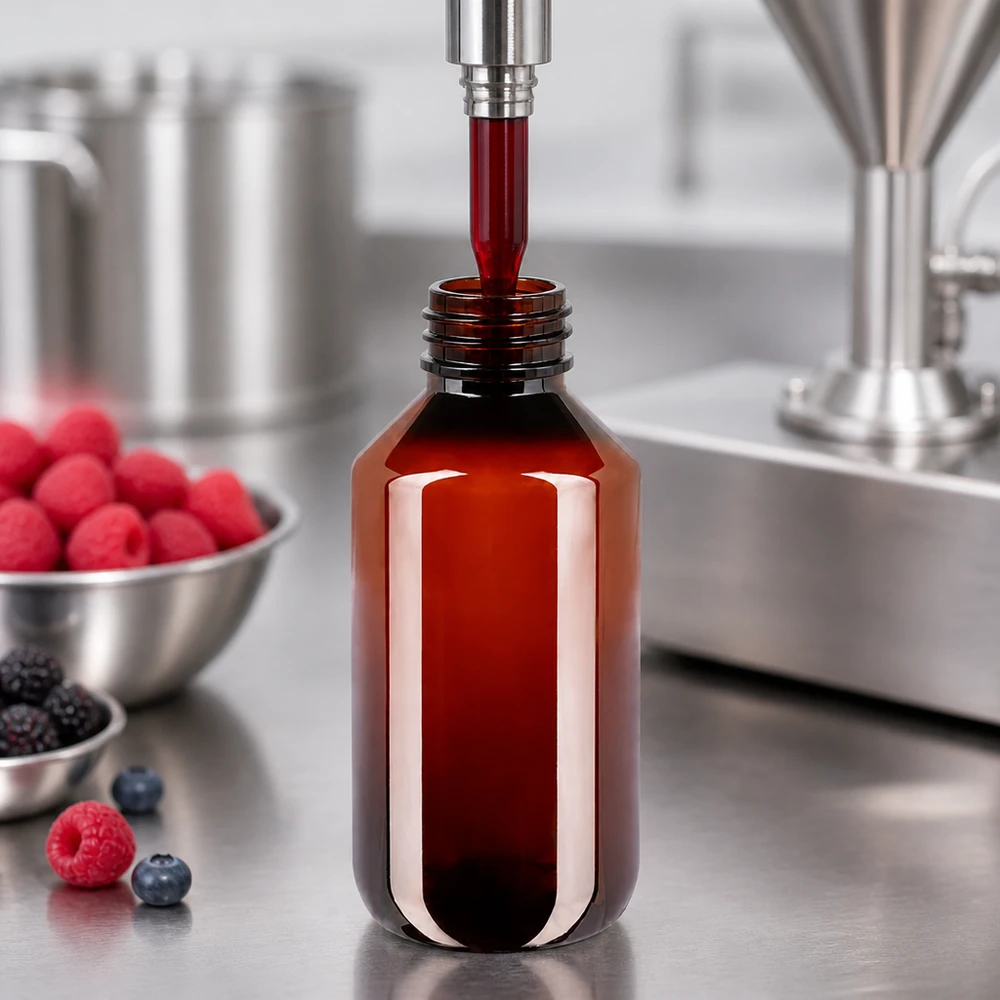 Hnědá kulatá PET láhev o objemu 100 ml se plní červeným ovocným džusem – plnicí linka pro výrobu potravin