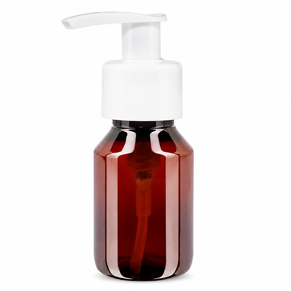 Leere amber PET Rundflasche 50ml mit weissem Pumpkopf für flüssige Kosmetikprodukte