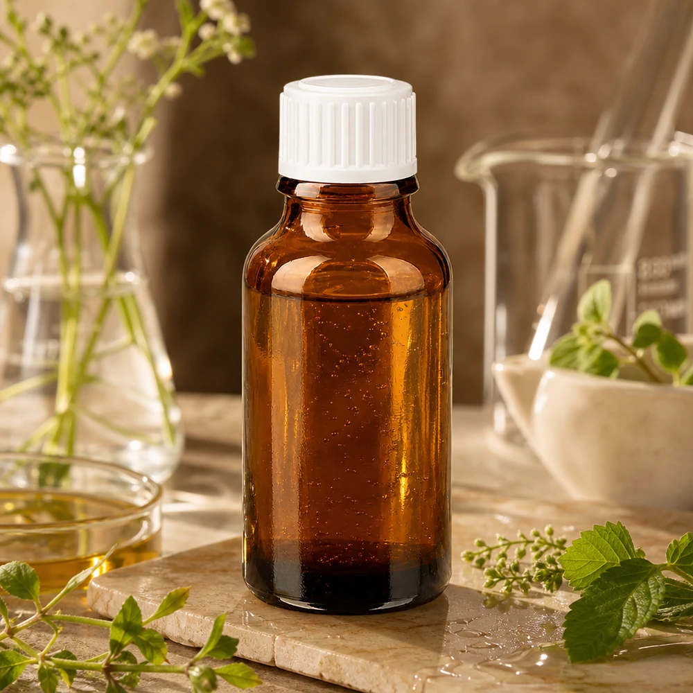 Lékárenská láhev hnědá 20ml šroubovací uzávěr bílý standardní Kleine Braunglasflasche 20ml für Naturkosmetik und Kräuteröle mit weißem Standardverschluss