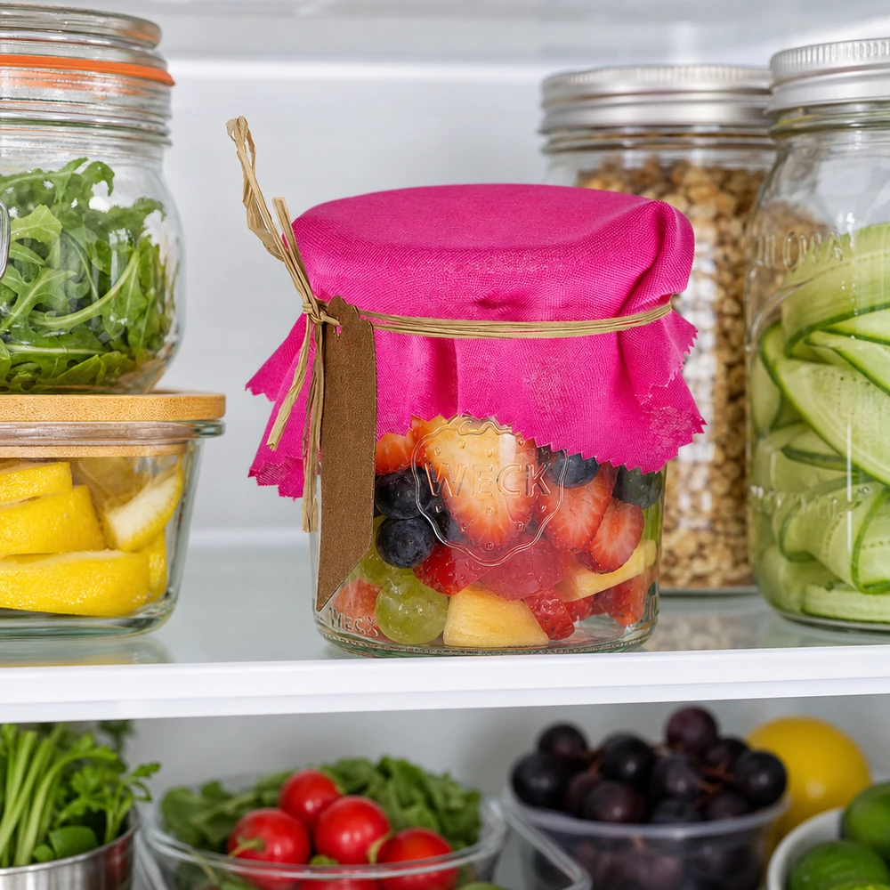 Látkový ubrousek na šperky růžový 12cm čtvercový Pinkes Stoff Schmuckdeckchen 12cm eckig auf Obst-Glas im Kühlschrank zeigt praktische Aufbewahrung frischer Lebensmittel