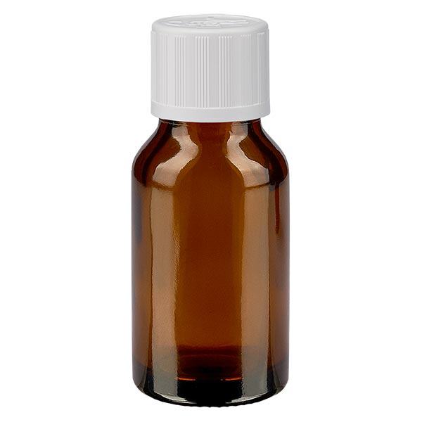Lékárenská lahvička hnědá 15ml kapací uzávěr bílý Standard odolný proti dětem Lékárenská lahvička hnědá 15ml kapací uzávěr bílý Standard odolný proti dětem