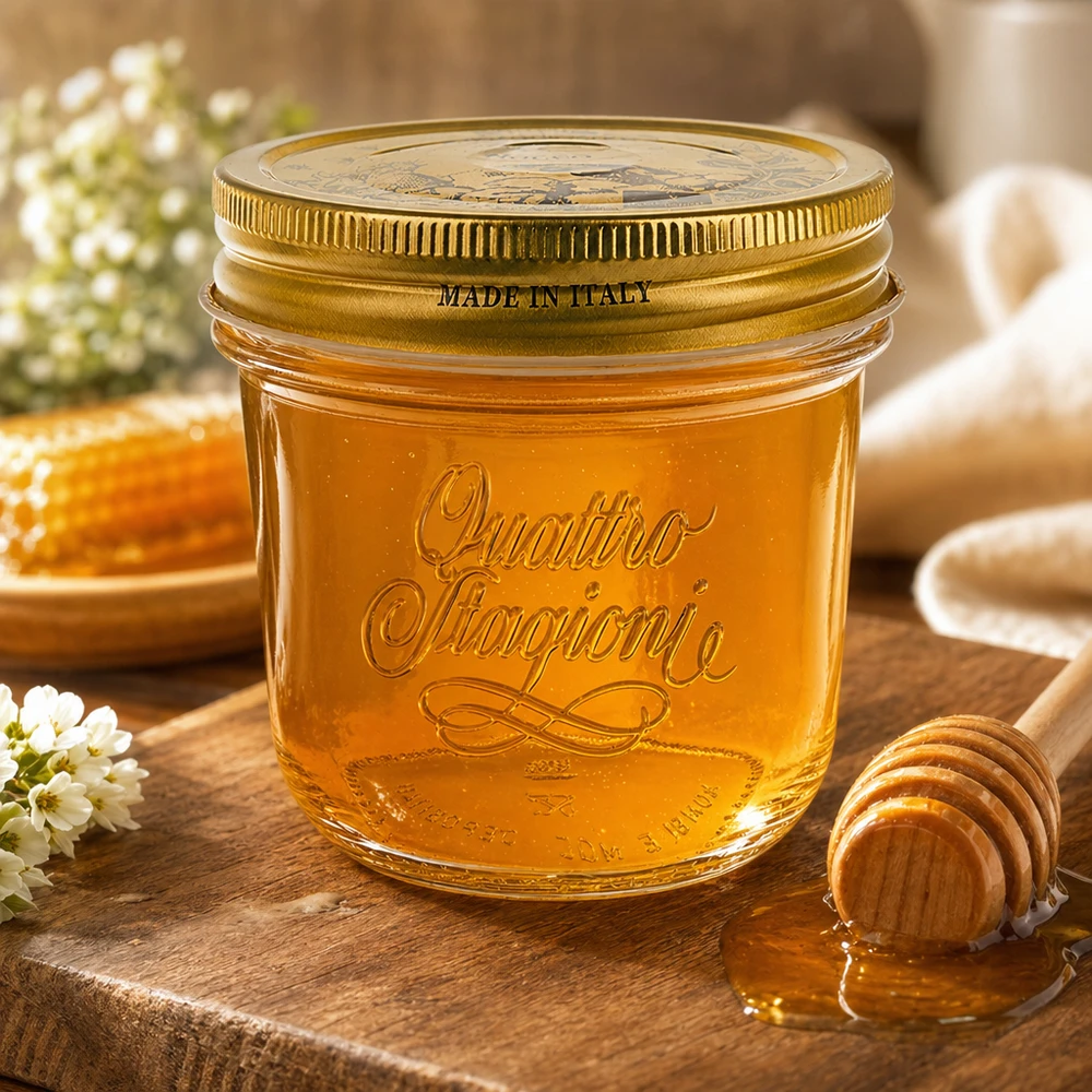 200ml kelímky "Quattro Stagioni" s víčkem 200ml Quattro Stagioni Sturzglas mit goldenem Deckel gefüllt mit Honig auf Holztisch mit Honiglöffel und Blumen