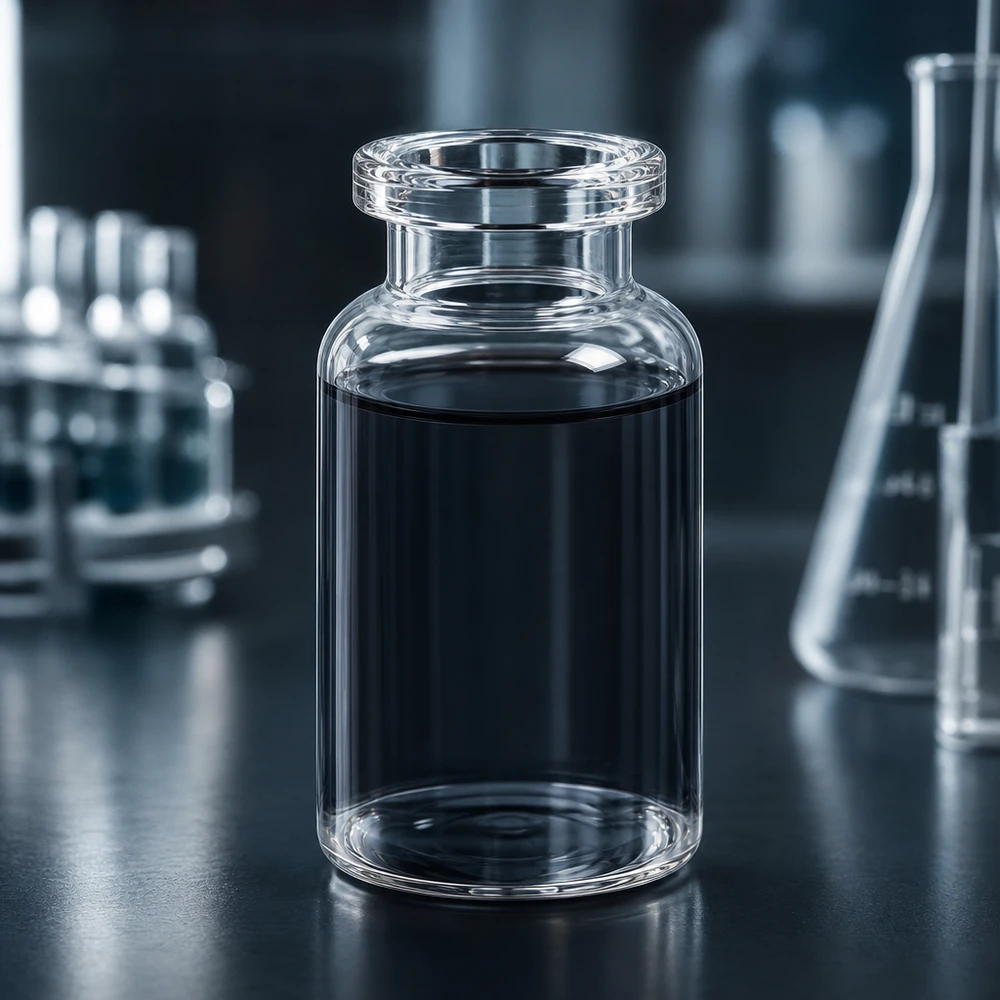 Injekční láhev z čirého skla 10ml Hochwertige Klarglas Injektionsflasche 10ml mit breitem Mündungsring und dunklem Flüssigkeitsinhalt
