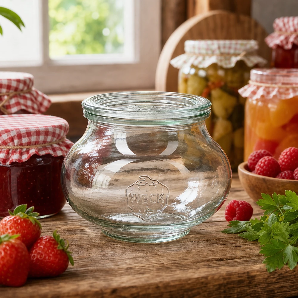 560ml dekorativní zavařovací sklenice se skleněným víčkem WECK RR80 WECK RR80 560ml Einmachglas in rustikaler Küche mit Marmelade Obst und anderen Vorratsgläsern dekoriert