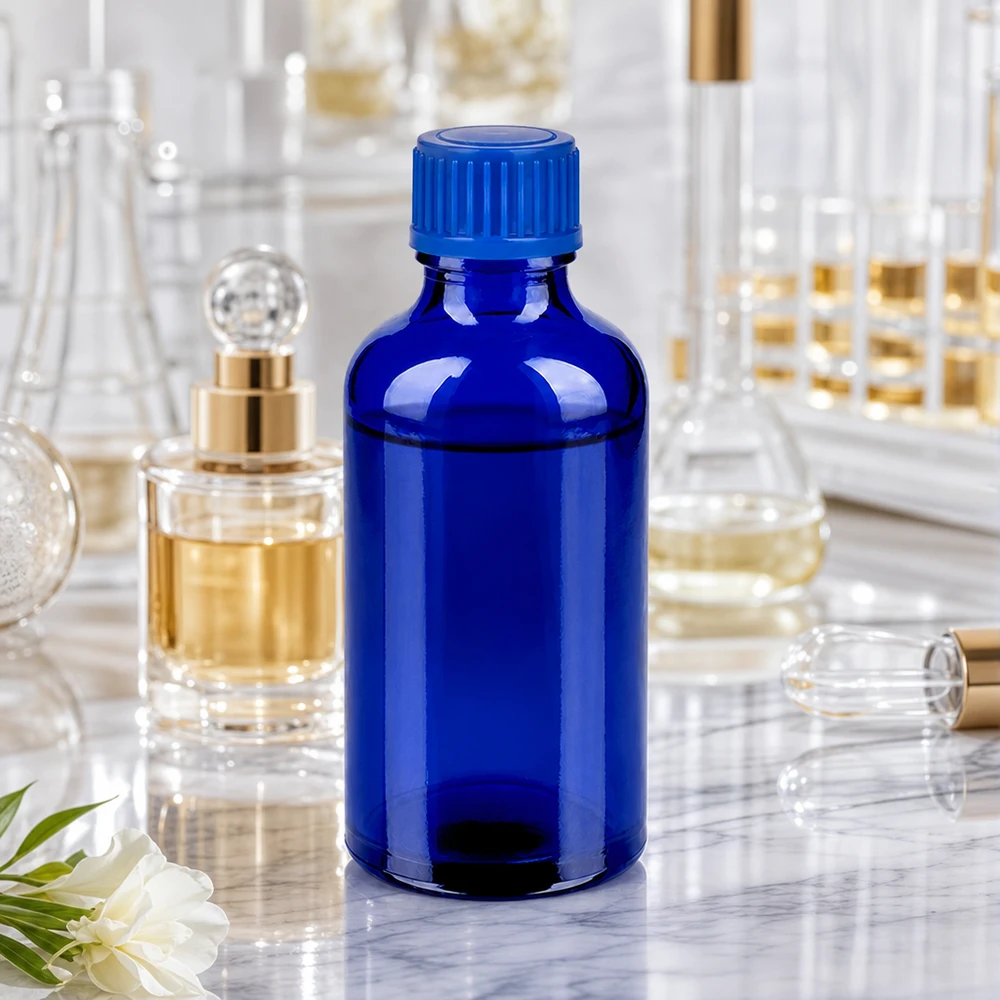 50ml lahvička 11mm se šroubovacím uzávěrem modrá Standard BlueLine UT18/50 50ml Laborflasche aus robustem Kobaltglas mit auslaufsicherem 11mm Gewinde