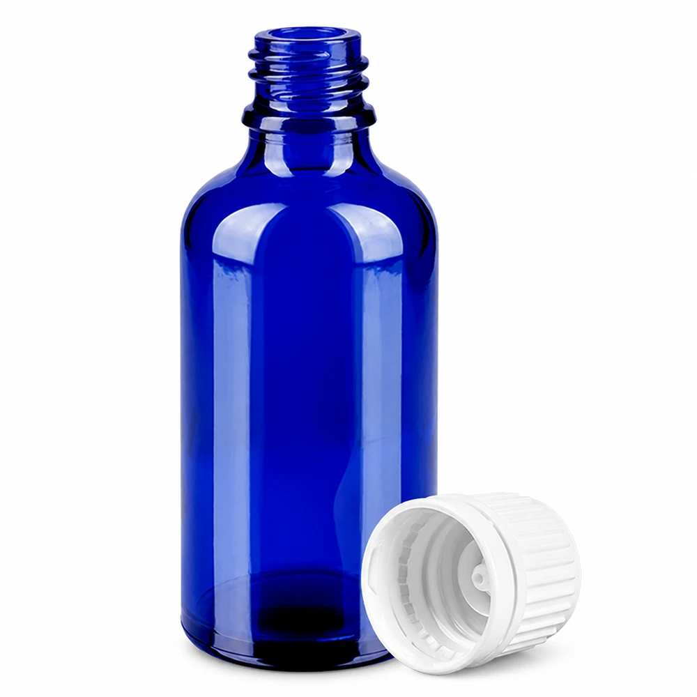 50ml láhev 11mm šroubovací uzávěr bílý uzávěr s ochranou proti manipulaci BlueLine UT18/50 50ml blaue Medizinflasche aus Glas mit weißem Schraubdeckel für flüssige Präparate