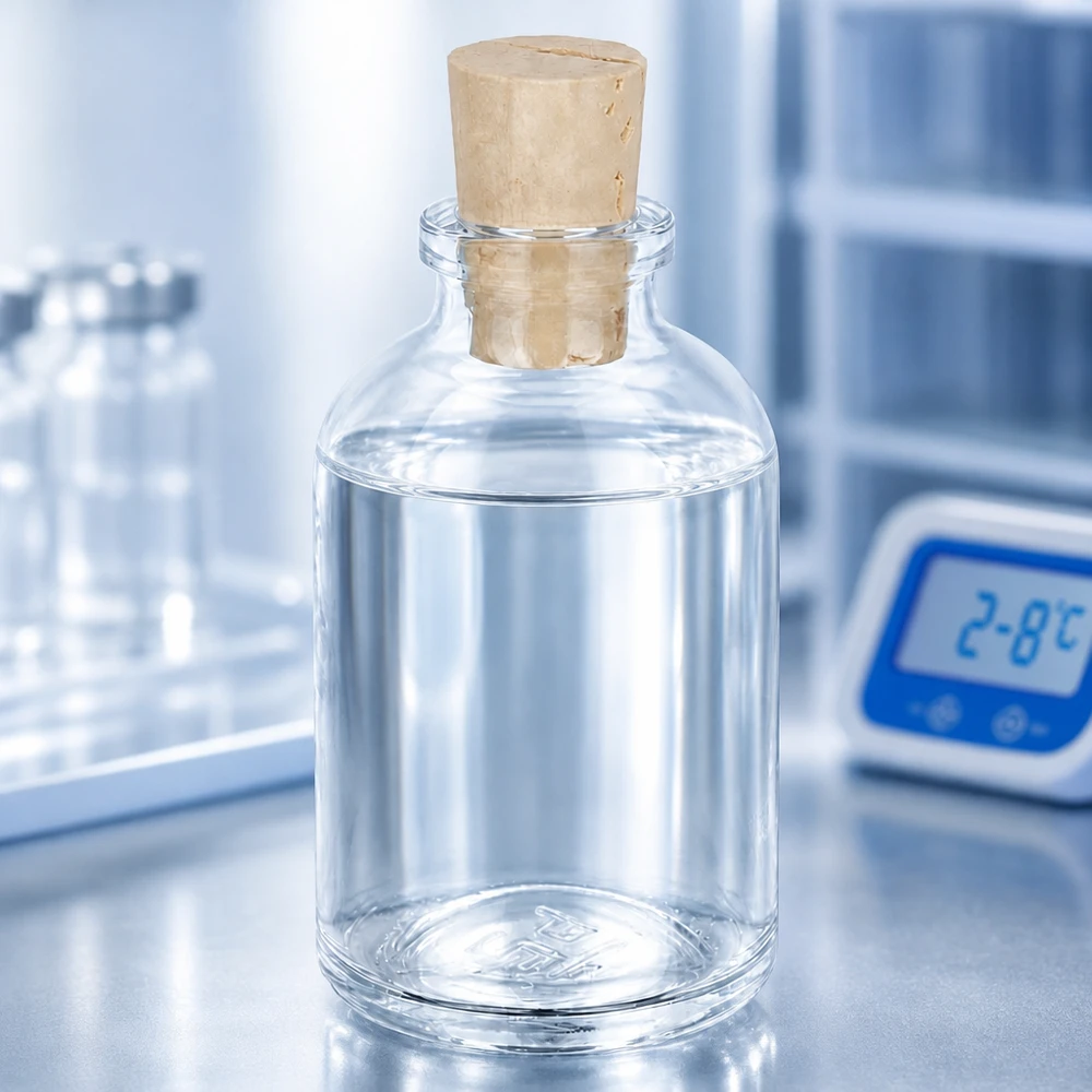 Lahvička z bezbarvého skla 50ml se zátkou 11/14mm Apothekerflasche Klarglas 50ml mit Korken 11/14mm halb gefüllt mit klarer Lösung im Kühlbereich