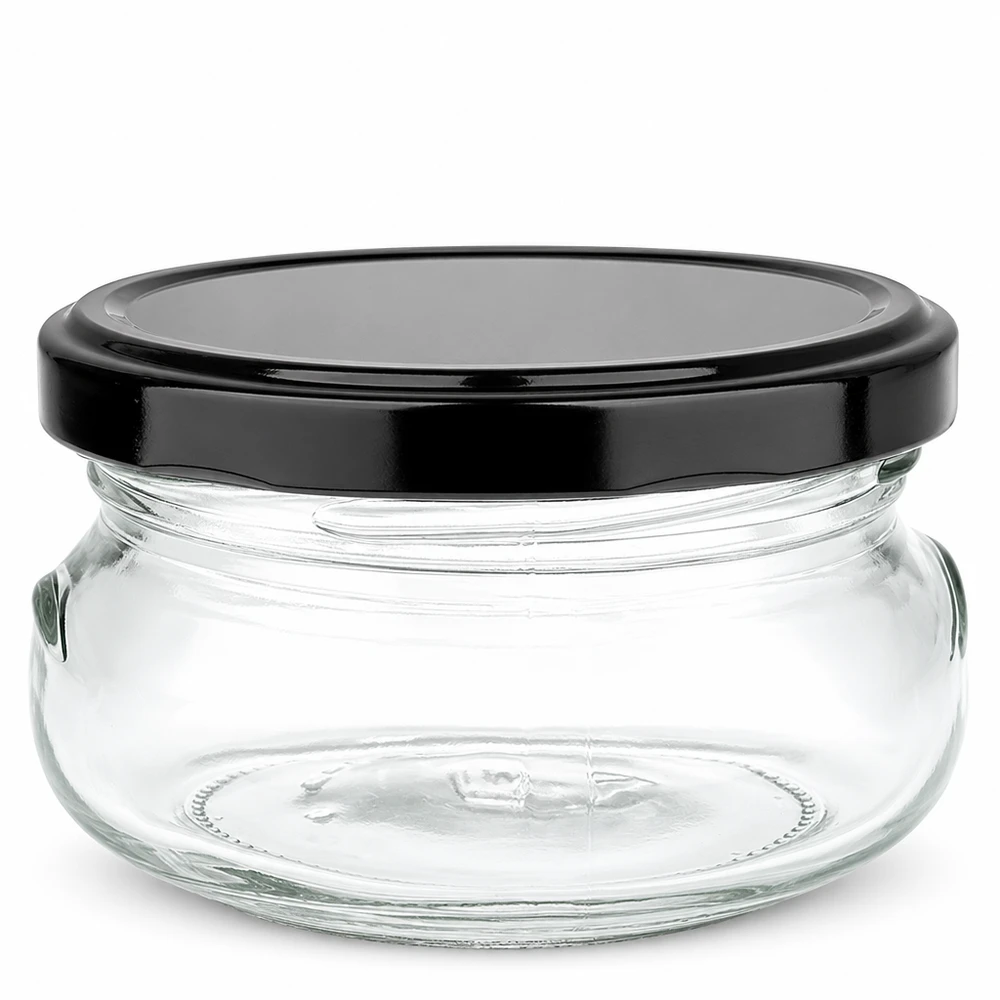 120ml zavařovací sklenice + víčko BasicSeal černé UNiTWIST 120ml Terrinenglas mit schwarzem BasicSeal Deckel, leeres Glasgefäß für Konserven und Aufstriche